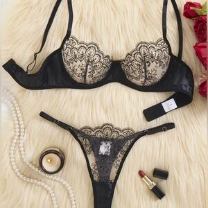 Black lace balconette bra and thong set - ideal for a night out #lingerie